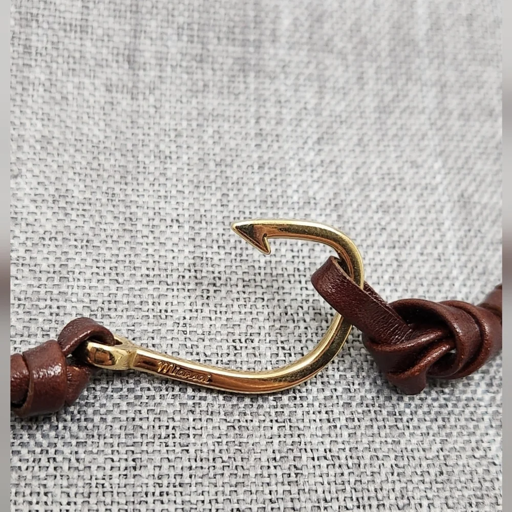 Miansai Gold Fish Hook Brown  Leather Wrap Bracelet Or Necklace. - Picture 2 of 4